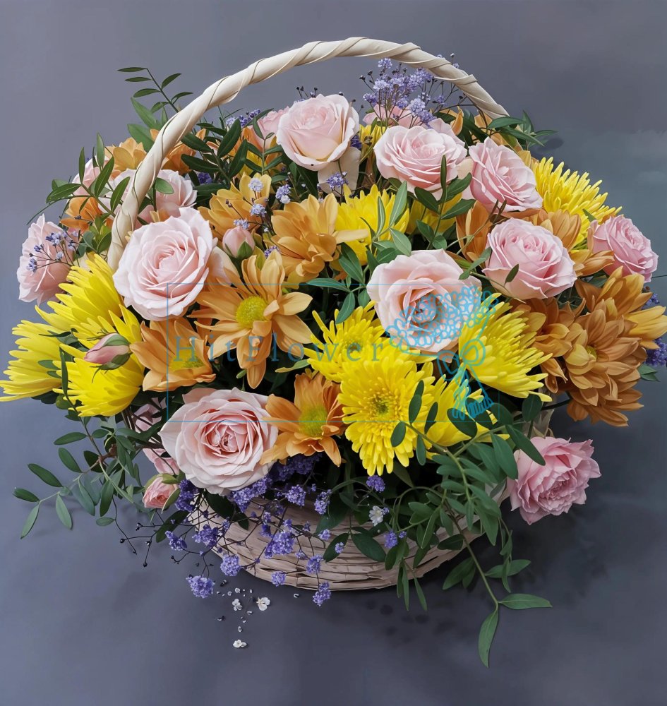 Композиция из живых цветов Солнечный Вальс Цветочная композиция из Розы и Хризантемы